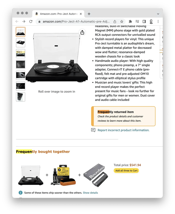 Product tagged with the Frequently returned item warning on Amazon (Source - The Verge)
